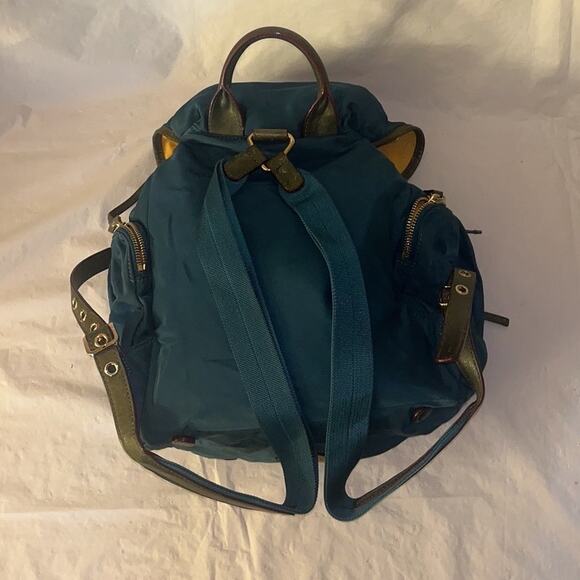 MZ Wallace Teal Nylon Drawstring Backpack Yellow Lining Leather Trim - Picture 2 of 16